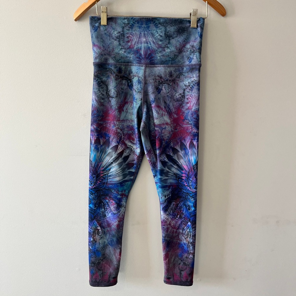 Evolution and Creation Mandala Elephant Leggings Boho Blue Purple S High Waist